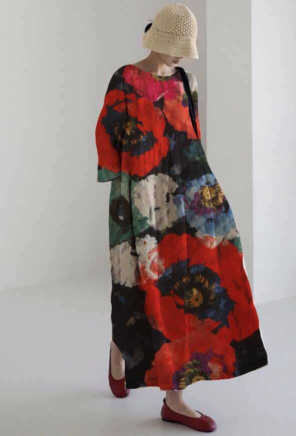 ROSALIA | Midi Kjole med Maksimal Komfort og Intens Blomstermønster til Et Slående Look