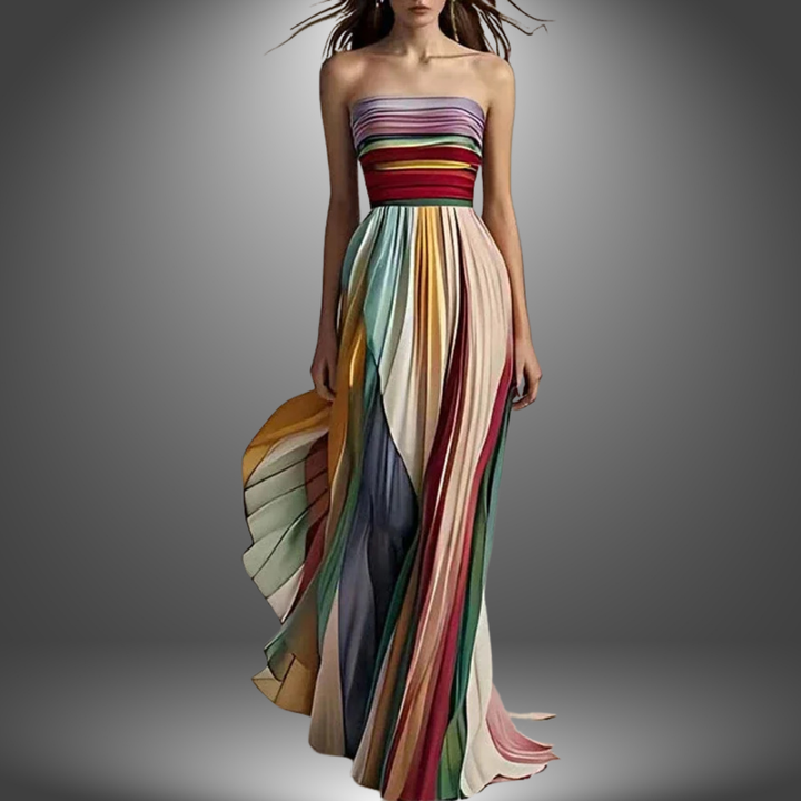 Abigail | Strapless Farverig Plisseret Maxi Kjole