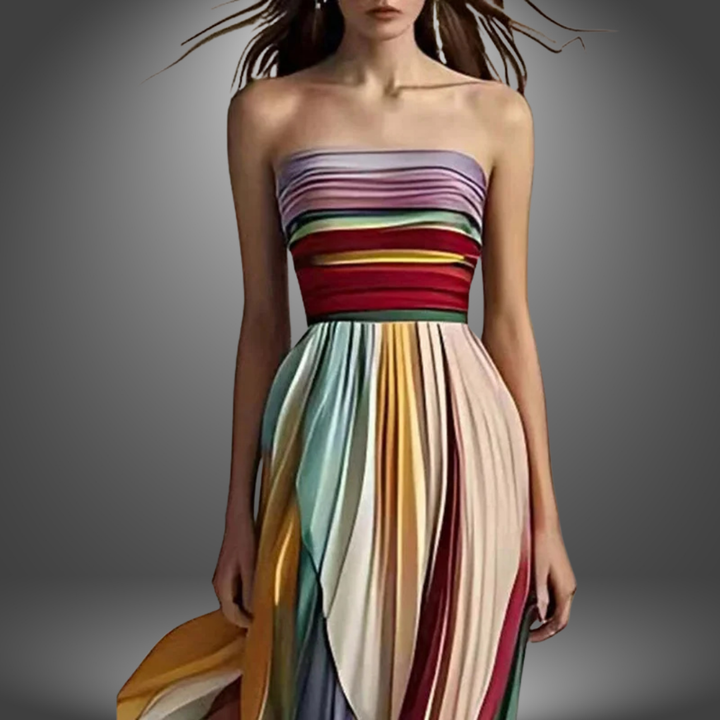 Abigail | Strapless Farverig Plisseret Maxi Kjole