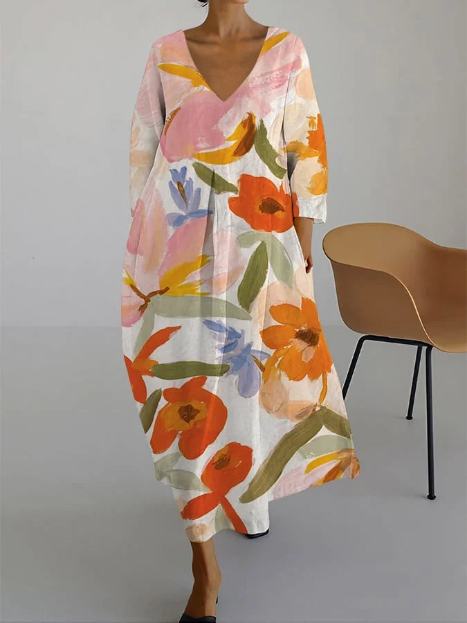 KIARA® | BLOMSTERPRINT V-UDSKÆRING KJOLE