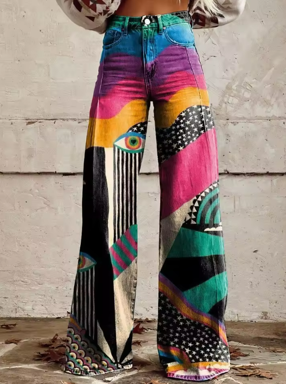 TALIA | Boho Flared Bukser med Høj Talje og Kunstnerisk Festivallook